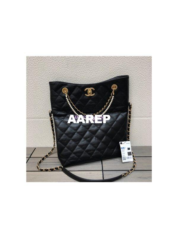 Replica Chanel Calfskin Crystal Pearls Shopping Bag AS2213 Black