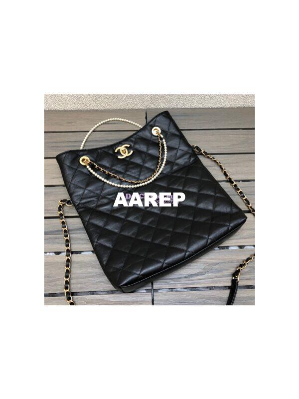 Replica Chanel Calfskin Crystal Pearls Shopping Bag AS2213 Black 2