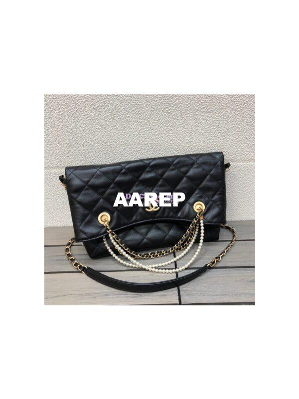 Replica Chanel Calfskin Crystal Pearls Shopping Bag AS2213 Black 3