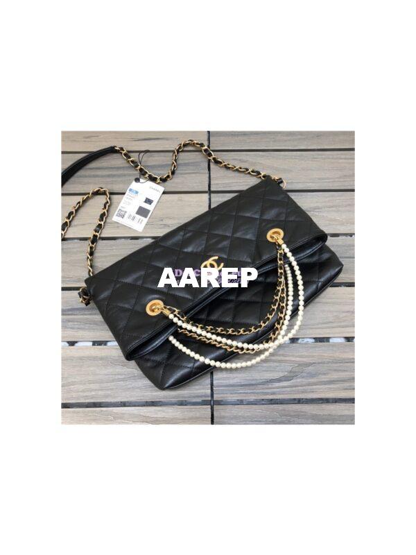 Replica Chanel Calfskin Crystal Pearls Shopping Bag AS2213 Black 7