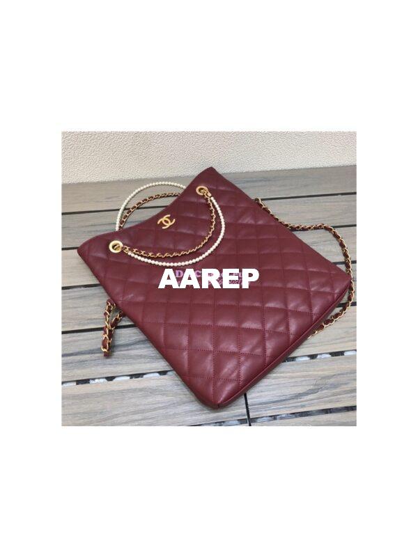 Replica Chanel Calfskin Crystal Pearls Shopping Bag AS2213 Red 3