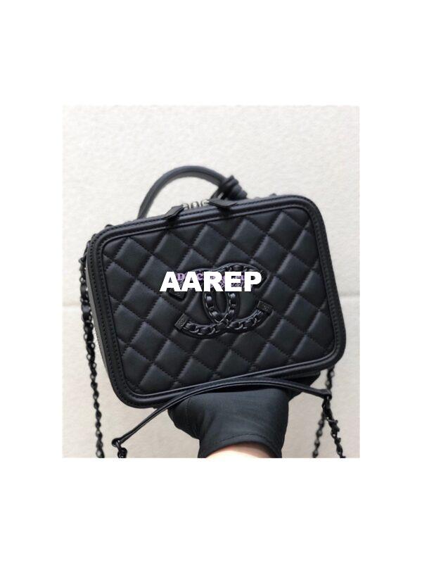 Replica Chanel CC Filigree Vanity Case A93343 So Black Lambskin 16