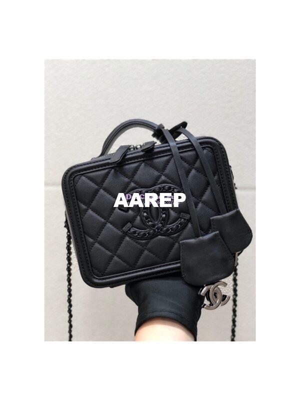 Replica Chanel CC Filigree Vanity Case A93343 So Black Lambskin 36
