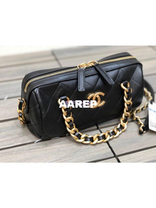 Replica Chanel Shiny Lambskin Small Bowling Bag AS1899 Black 2