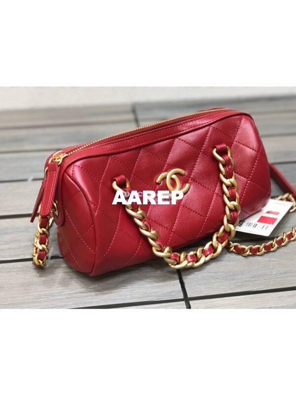 Replica Chanel Shiny Lambskin Small Bowling Bag AS1899 Red 2