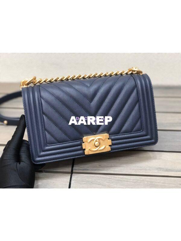 Replica Chanel Chevron Boy Flap Bag in Caviar Dark Blue