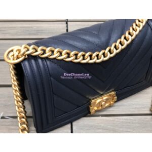 Replica Chanel Chevron Boy Flap Bag in Caviar Dark Blue 2