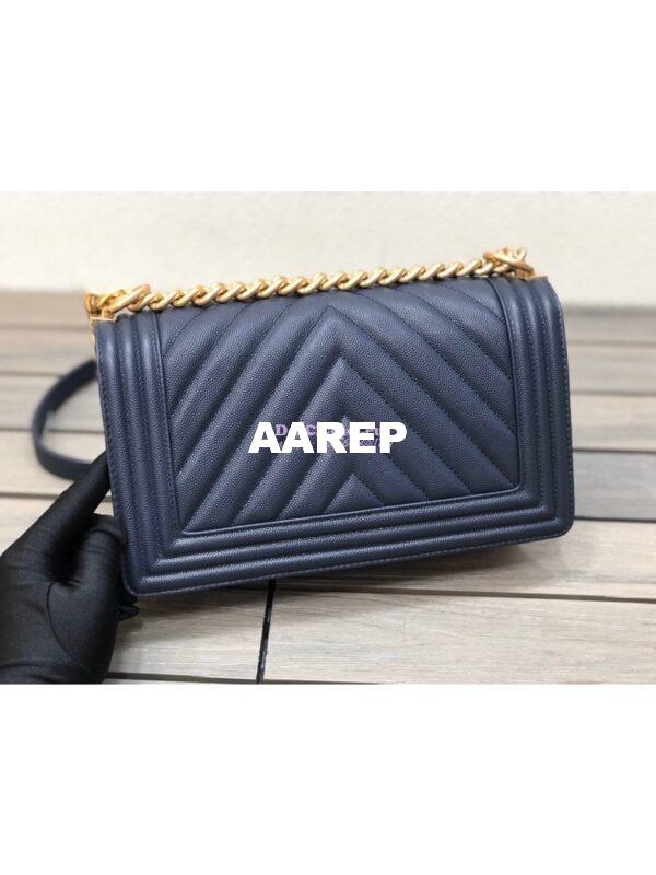 Replica Chanel Chevron Boy Flap Bag in Caviar Dark Blue 4