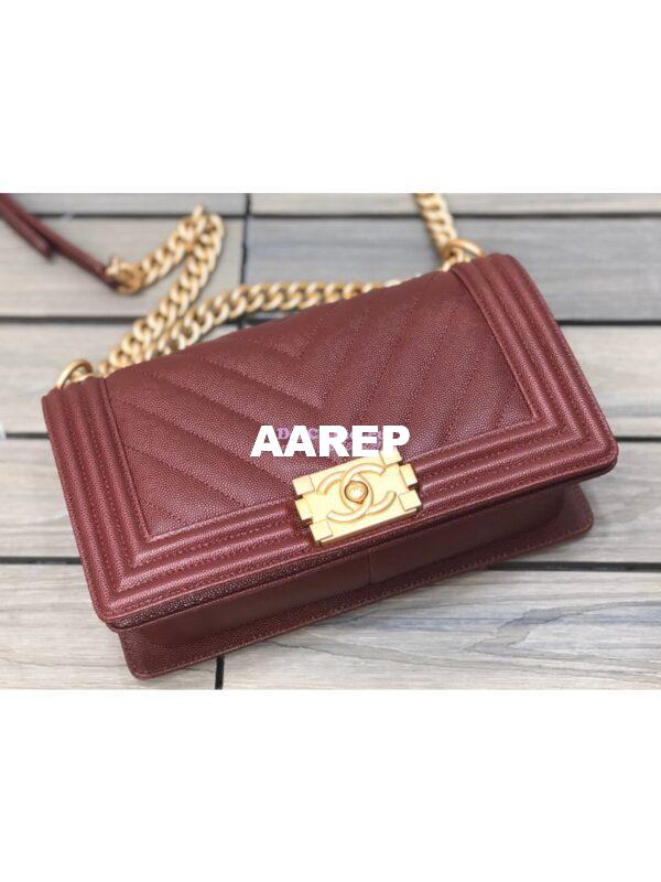 Replica Chanel Chevron Boy Flap Bag in Caviar Claret Red 2