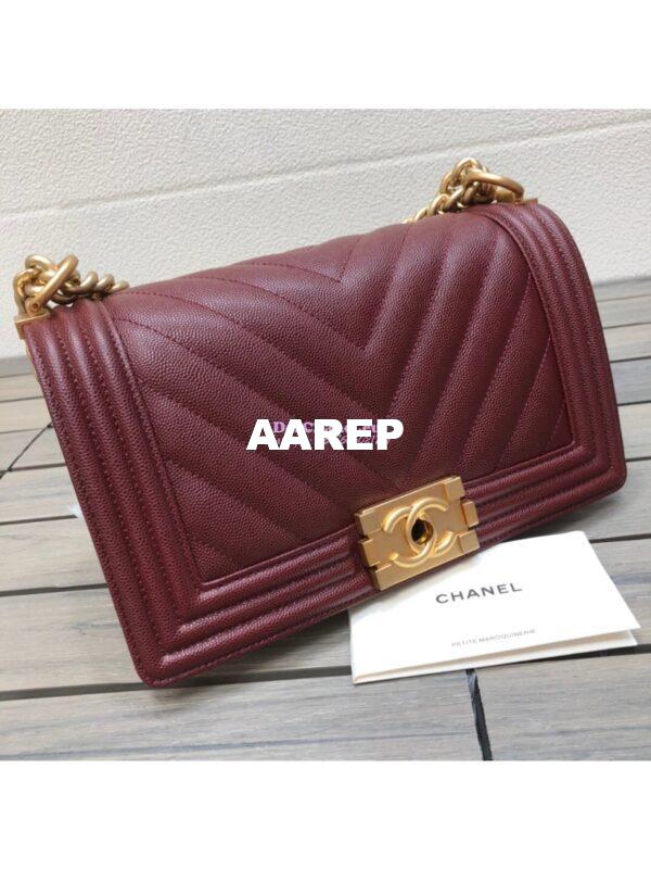 Replica Chanel Chevron Boy Flap Bag in Caviar Claret Red 4