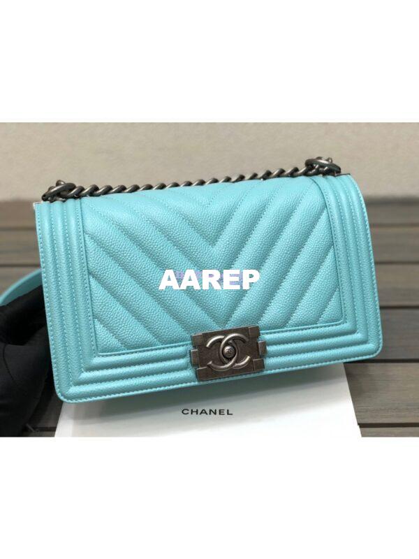 Replica Chanel Chevron Boy Flap Bag in Caviar Tiffany Blue 2