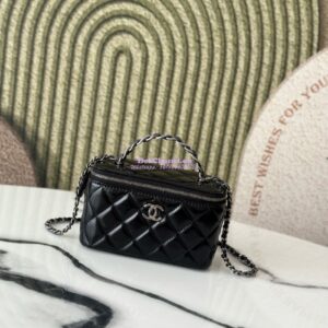 Replica Chanel New 24A Lambskin Vanity With Chain and Top Handle with Rhinestones AP3593 Black