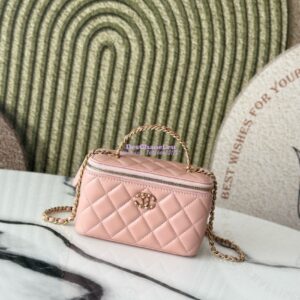 Replica Chanel New 25P Lambskin Vanity With Chain and Top Handle with Rhinestones AP3663 Light Pink