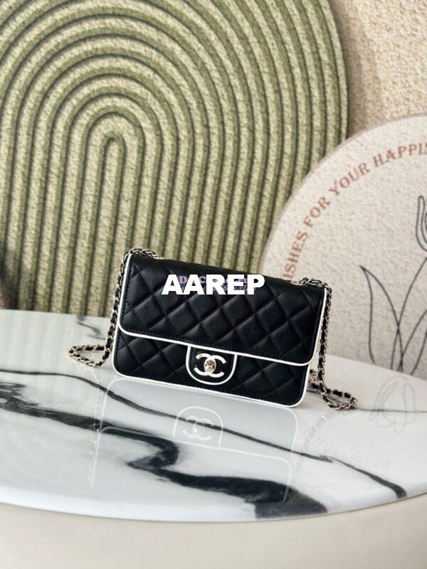 Replica Chanel SS25 CC Enamel Wallet On Chain WOC in Lambskin AP4511 Black 3