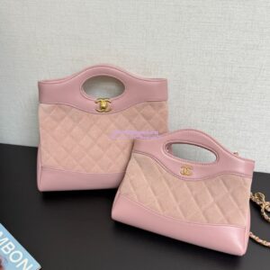 Replica Chanel 31 Mini Shopping Bag Chain Clutch Shiny Lambskin and Suede Goatskin &Gold-Tone Metal AS3656 Pink
