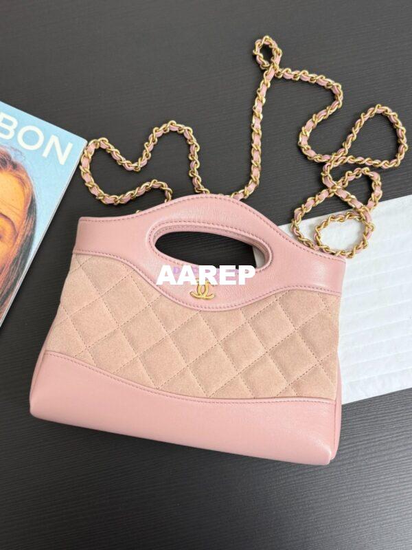 Replica Chanel 31 Mini Shopping Bag Chain Clutch Shiny Lambskin and Suede Goatskin &Gold-Tone Metal AS3656 Pink 4