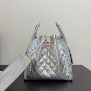 Replica Chanel 25C Large Bucket Bag in Grained Calfskin AS5311 Metallic Silver