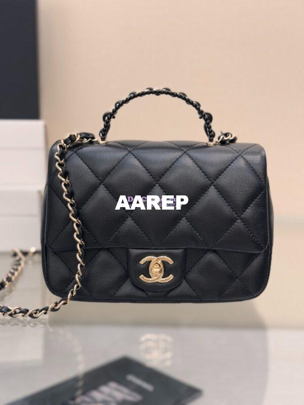 Replica Chanel 25P Braided and Pearls Handled Mini Flap Bag in Lambskin AS5367 Black 3
