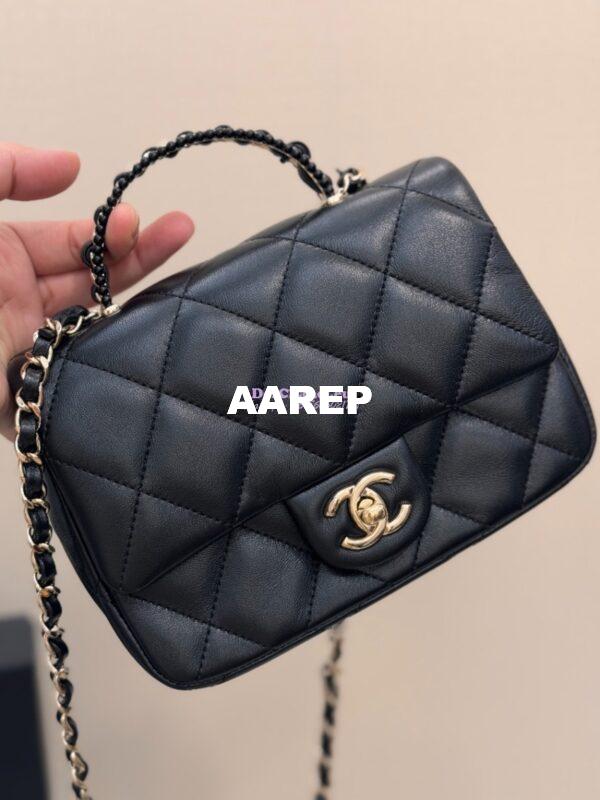 Replica Chanel 25P Braided and Pearls Handled Mini Flap Bag in Lambskin AS5367 Black 5