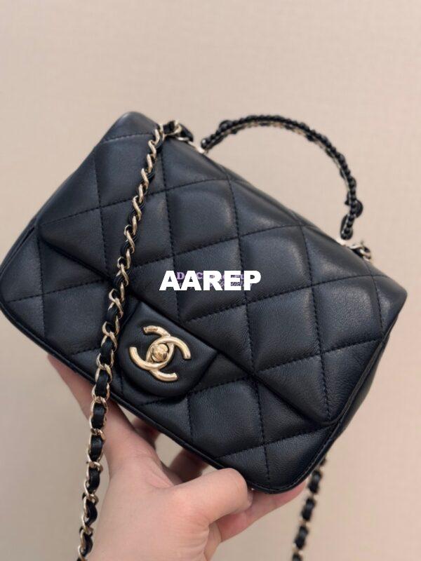 Replica Chanel 25P Braided and Pearls Handled Mini Flap Bag in Lambskin AS5367 Black 6