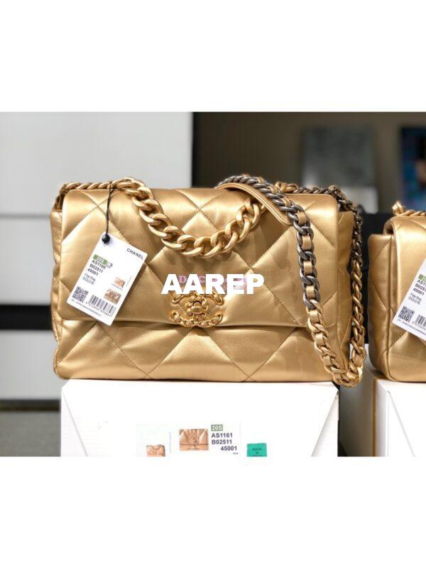 Replica Chanel 19 Flap Bag AS1160 AS1161 Metallic Lambskin Gold 2