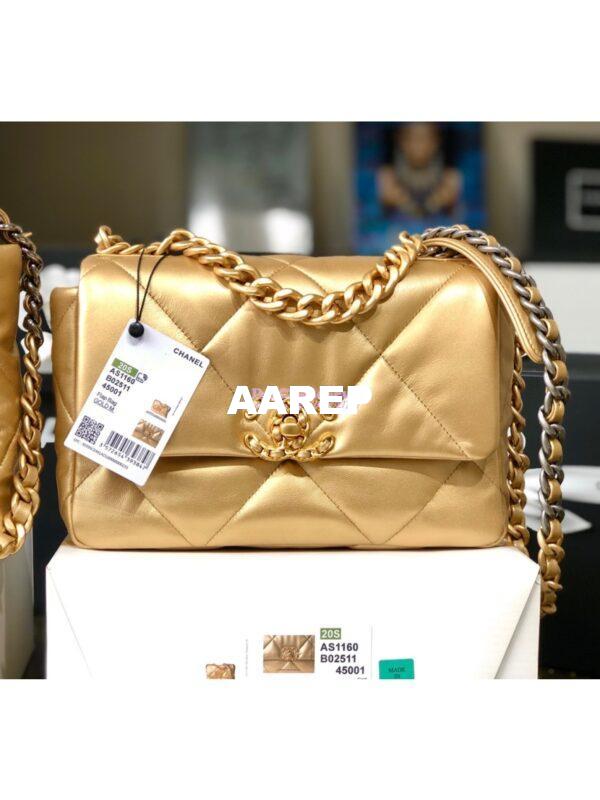 Replica Chanel 19 Flap Bag AS1160 AS1161 Metallic Lambskin Gold 10