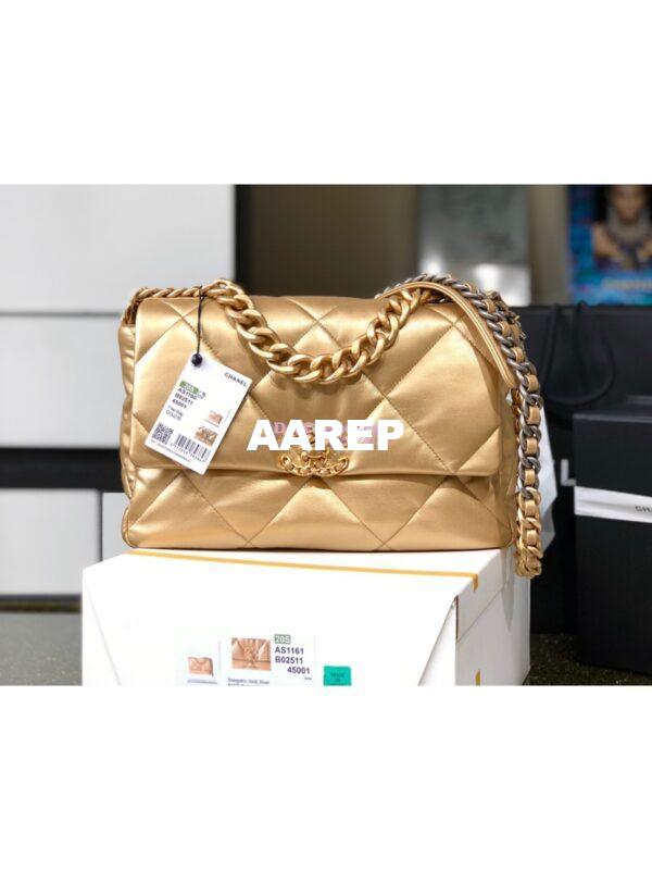 Replica Chanel 19 Flap Bag AS1160 AS1161 Metallic Lambskin Gold 11