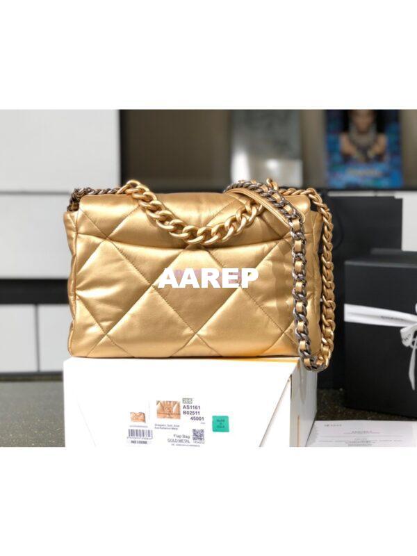 Replica Chanel 19 Flap Bag AS1160 AS1161 Metallic Lambskin Gold 14