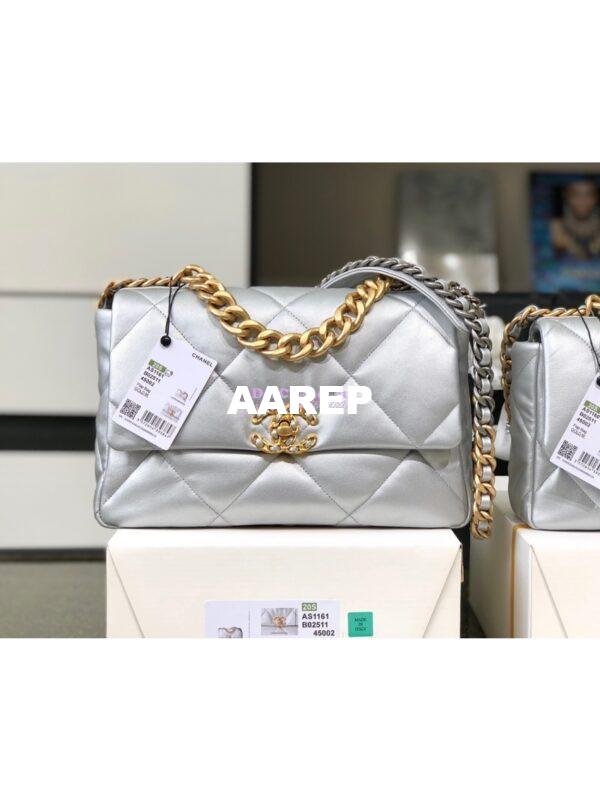 Replica Chanel 19 Flap Bag AS1160 AS1161 Metallic Lambskin Silver 4
