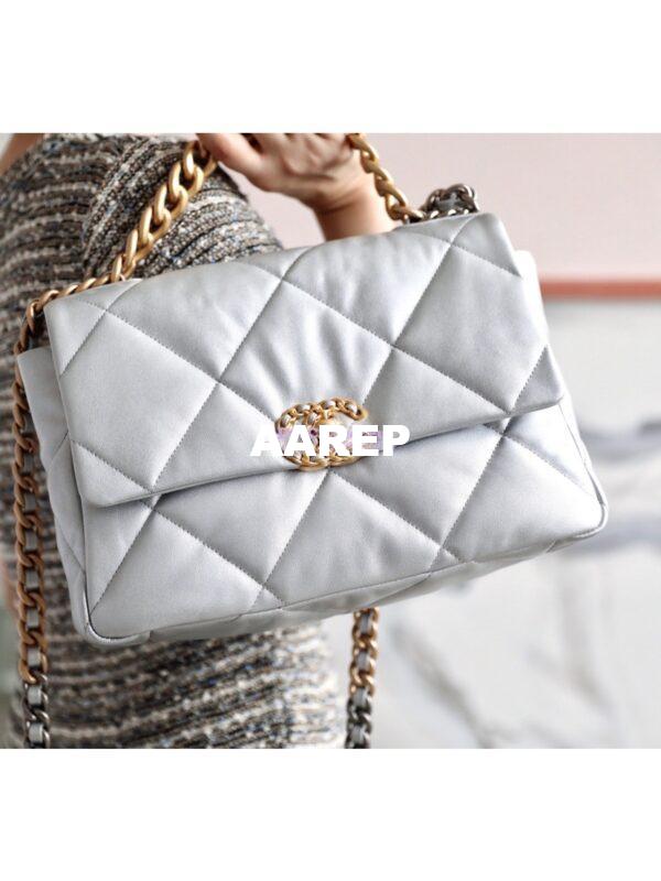 Replica Chanel 19 Flap Bag AS1160 AS1161 Metallic Lambskin Silver 13