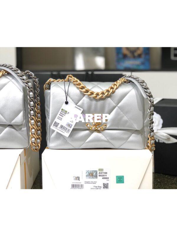 Replica Chanel 19 Flap Bag AS1160 AS1161 Metallic Lambskin Silver 14