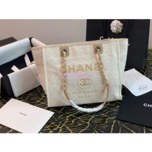 Replica Chanel Toile Deauville Calfskin Shopping Bag A66943 Gold