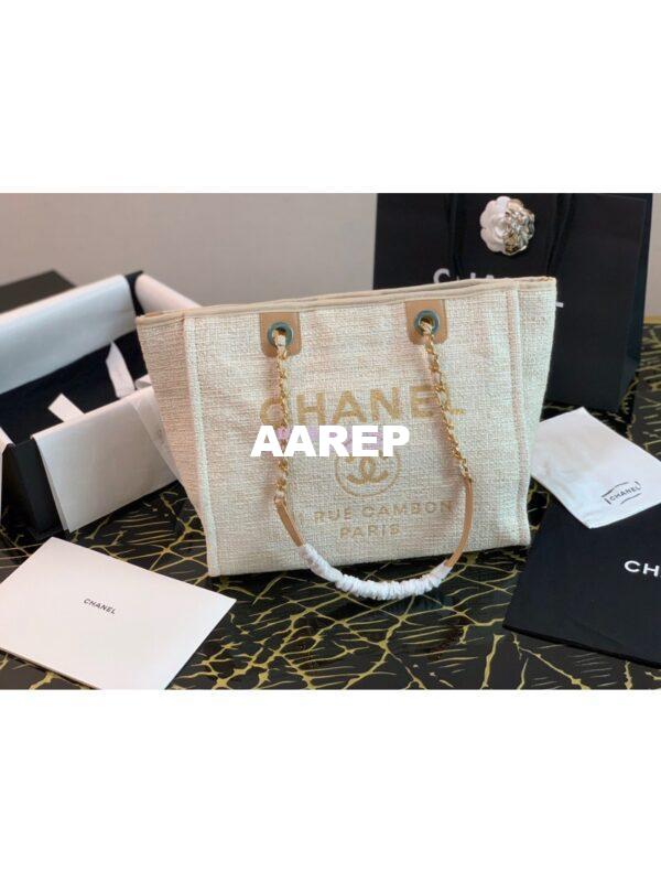 Replica Chanel Toile Deauville Calfskin Shopping Bag A66943 Gold