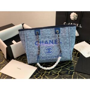 Replica Chanel Toile Deauville Calfskin Shopping Bag A66943 Blue Jacquard