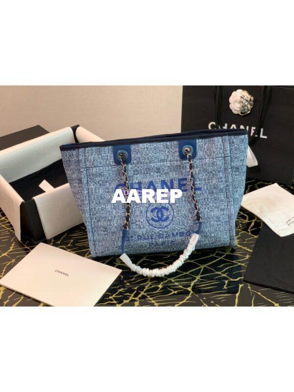 Replica Chanel Toile Deauville Calfskin Shopping Bag A66943 Blue Jacquard