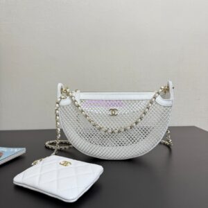 Replica Chanel SS25 Clutch With Chain  Mesh and Shiny Lambskin AP4573 White