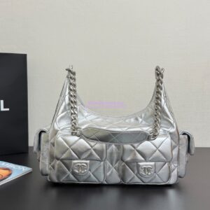 Replica Chanel 25C Maxi Hobo Bag Metallic Lambskin AS5302 Silver