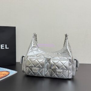 Replica Chanel 25C Maxi Hobo Bag Metallic Lambskin AS5302 Silver 2