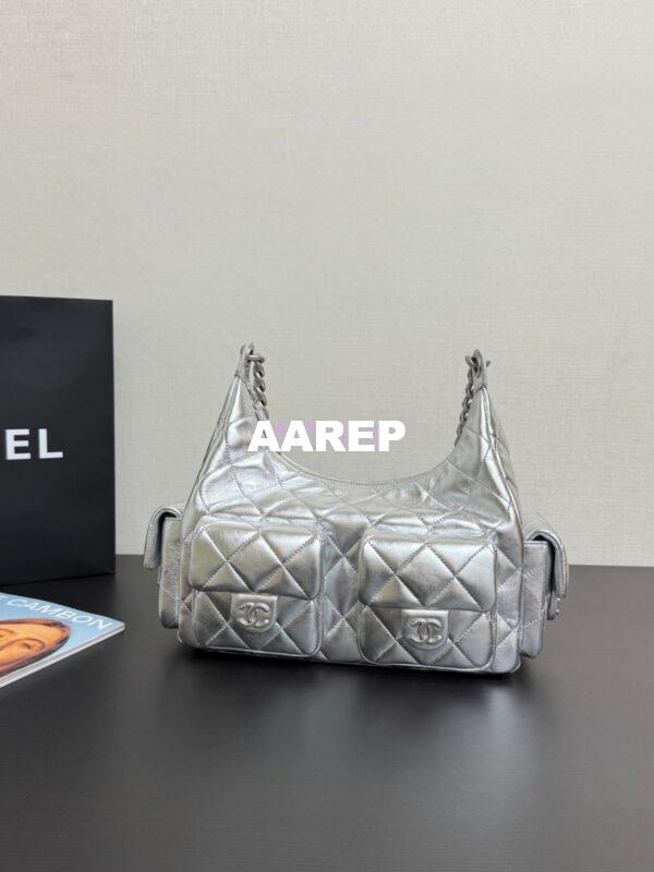 Replica Chanel 25C Maxi Hobo Bag Metallic Lambskin AS5302 Silver 4