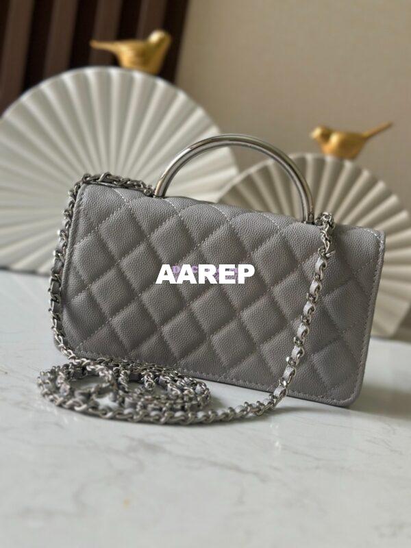 Replica Chanel SS25 Clutch with Chain with Top Handle Bag Metal Resin AP4498 Grey 9