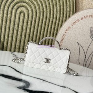 Replica Chanel SS25 Clutch with Chain with Top Handle Bag Metal Resin AP4498 White