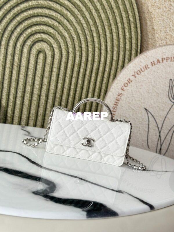 Replica Chanel SS25 Clutch with Chain with Top Handle Bag Metal Resin AP4498 White 3