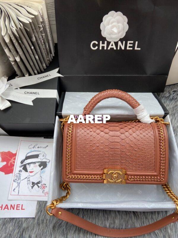 Replica Chanel Python Boy Bag with Handle Ocre