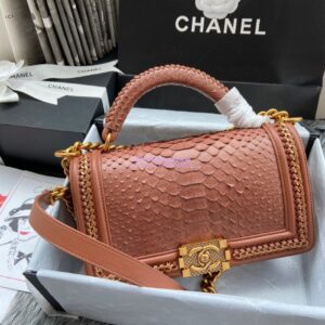Replica Chanel Python Boy Bag with Handle Ocre 2