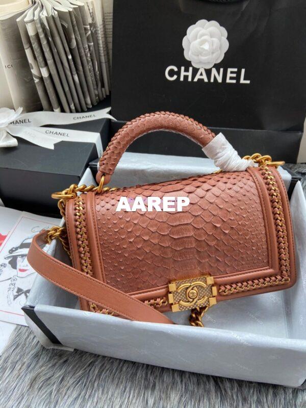Replica Chanel Python Boy Bag with Handle Ocre 2
