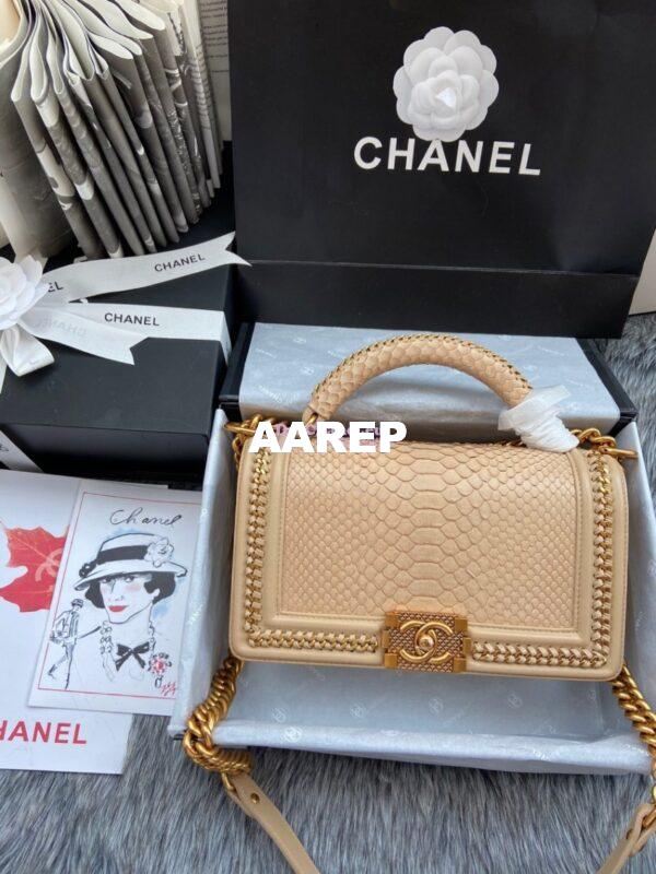 Replica Chanel Python Boy Bag with Handle Beige
