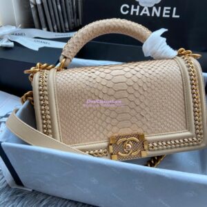 Replica Chanel Python Boy Bag with Handle Beige 2