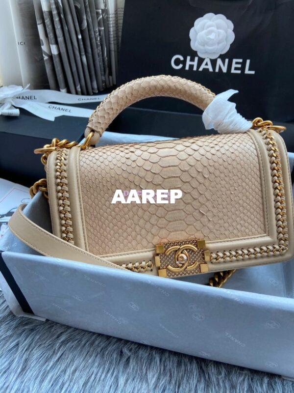 Replica Chanel Python Boy Bag with Handle Beige 2