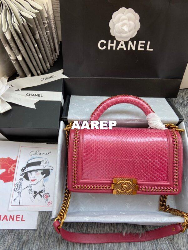 Replica Chanel Python Boy Bag with Handle Strawberry Pink 3