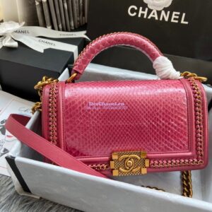 Replica Chanel Python Boy Bag with Handle Strawberry Pink 2